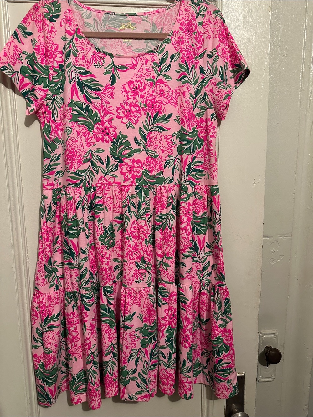 NWT Lilly Pulitzer Gemma Pink Floral Tiered Short-Sleeve Dress. Size L.